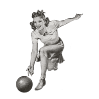 a black and white illustration of a woman bowling